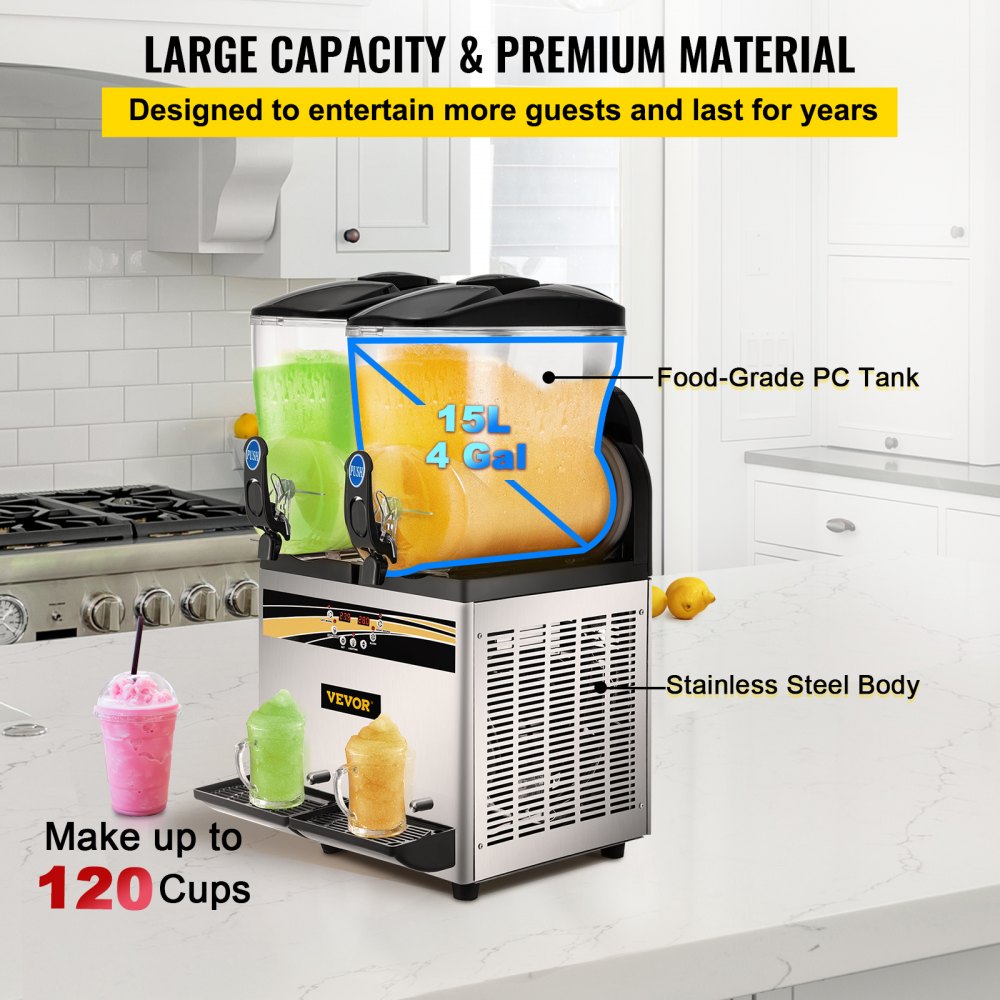 Margarita Machine, 15Lx2 Tank Commercial Slushy Machine, Slushie Machine 1000W, Commercial Margarita Maker, Smoothie Frozen Drink Maker for Supermarkets Cafes Restaurants Bars Home Use