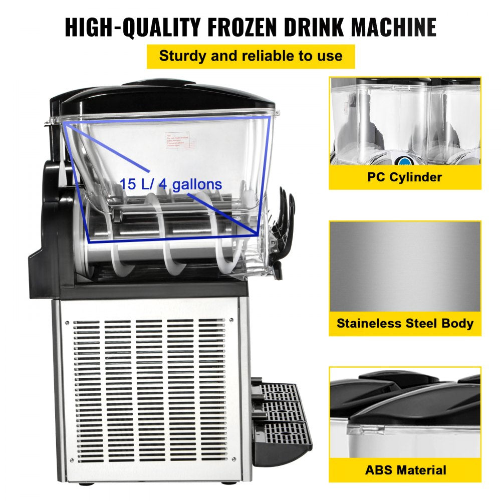 Commercial Slushy Machine, 3x15L Tank Commercial Margarita Maker, 1200W Stainless Steel Frozen Drink Machine, Temperature Adjustment 26.6°F to 28.4°F, Perfect for Restaurants Cafes Bars
