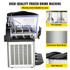 Commercial Slushy Machine, 3x15L Tank Commercial Margarita Maker, 1200W Stainless Steel Frozen Drink Machine, Temperature Adjustment 26.6°F to 28.4°F, Perfect for Restaurants Cafes Bars