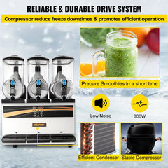 Commercial Slushy Machine, 3x15L Tank Commercial Margarita Maker, 1200W Stainless Steel Frozen Drink Machine, Temperature Adjustment 26.6°F to 28.4°F, Perfect for Restaurants Cafes Bars