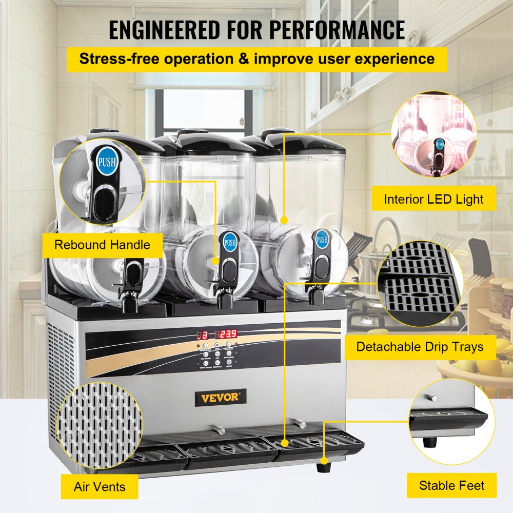 Commercial Slushy Machine, 3x15L Tank Commercial Margarita Maker, 1200W Stainless Steel Frozen Drink Machine, Temperature Adjustment 26.6°F to 28.4°F, Perfect for Restaurants Cafes Bars