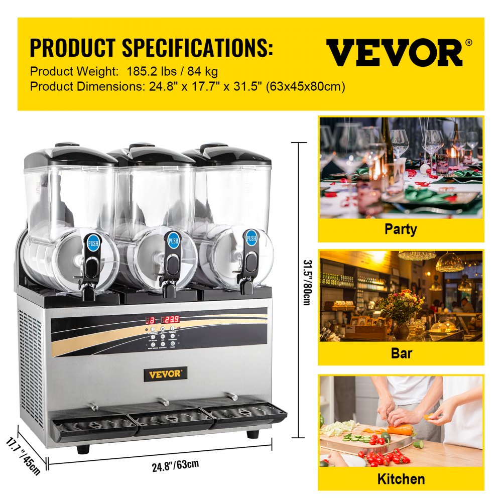 Commercial Slushy Machine, 3x15L Tank Commercial Margarita Maker, 1200W Stainless Steel Frozen Drink Machine, Temperature Adjustment 26.6°F to 28.4°F, Perfect for Restaurants Cafes Bars
