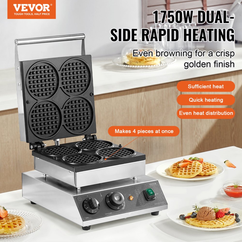 4PCS Commercial Waffle Maker Round Waffle Iron Machine 1750W Non-Stick