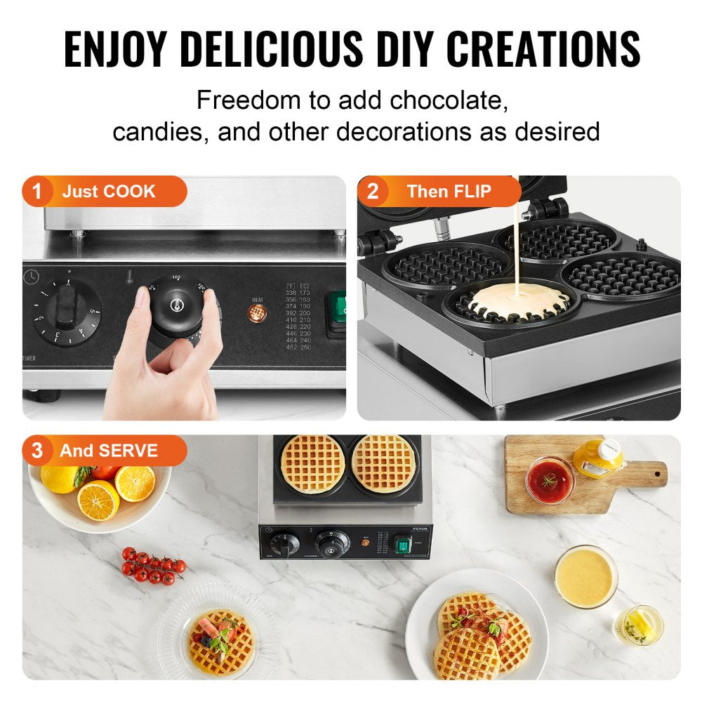 4PCS Commercial Waffle Maker Round Waffle Iron Machine 1750W Non-Stick