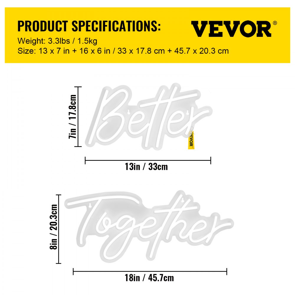 Better Together Neon Sign, 13" x 7" +18" x 8" Warm White LED lights Sign, Adjustable Brightness with Remote Control, Used for Home, Party, Wedding, and Bar Decoration (Power Adapter Included)