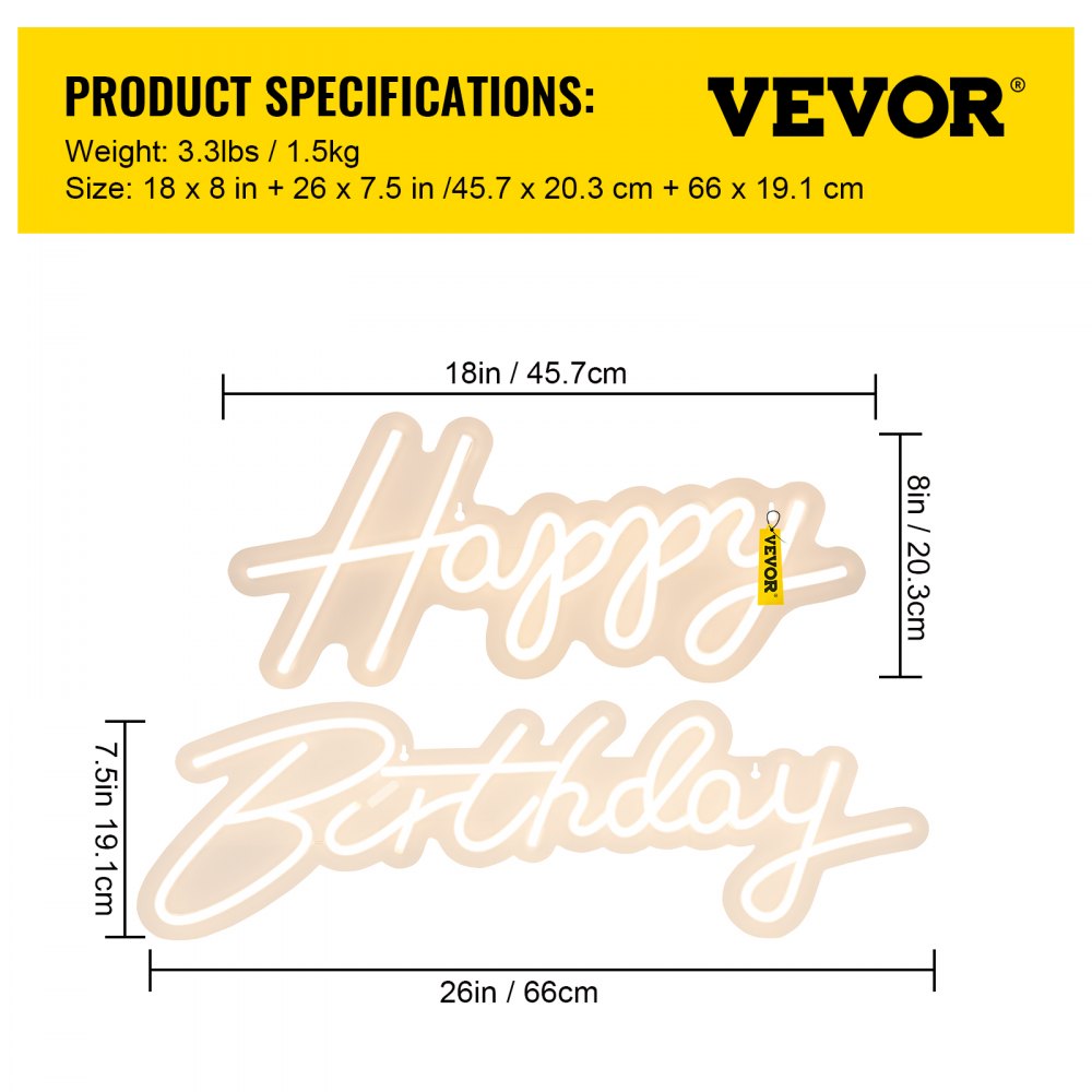 Happy Birthday Neon Sign, 18" x 8" & 26" x 7.5" LED Neon Lights Signs, Adjustable Brightness with Dimmer Switch and Power Adapter, Reusable for Party, Club, Celebration and Decoration Warm White