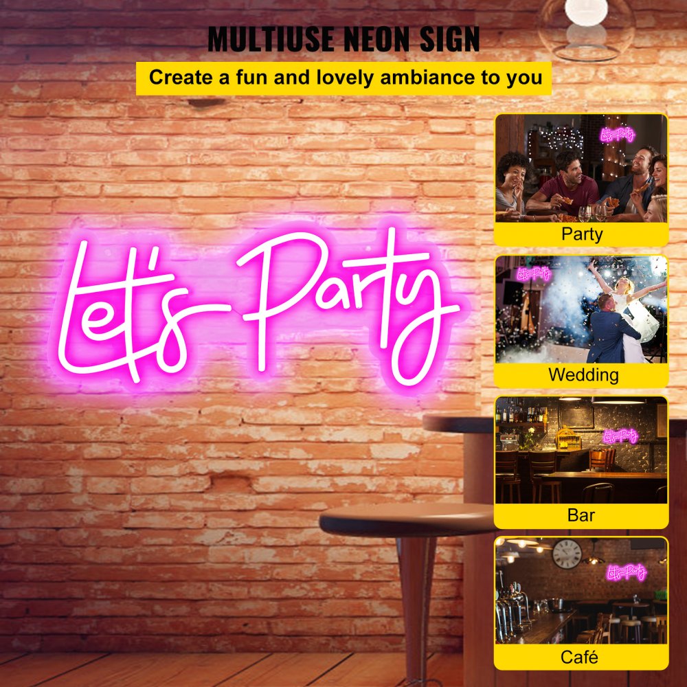 Let`s Party Neon Sign, 23"X10" Neon Sign for Wall Decor, Adjustable Brightness Pink Neon Light Sign with Remote Control and Power Adapter, for Party/Wedding Celebration/Home Decoration