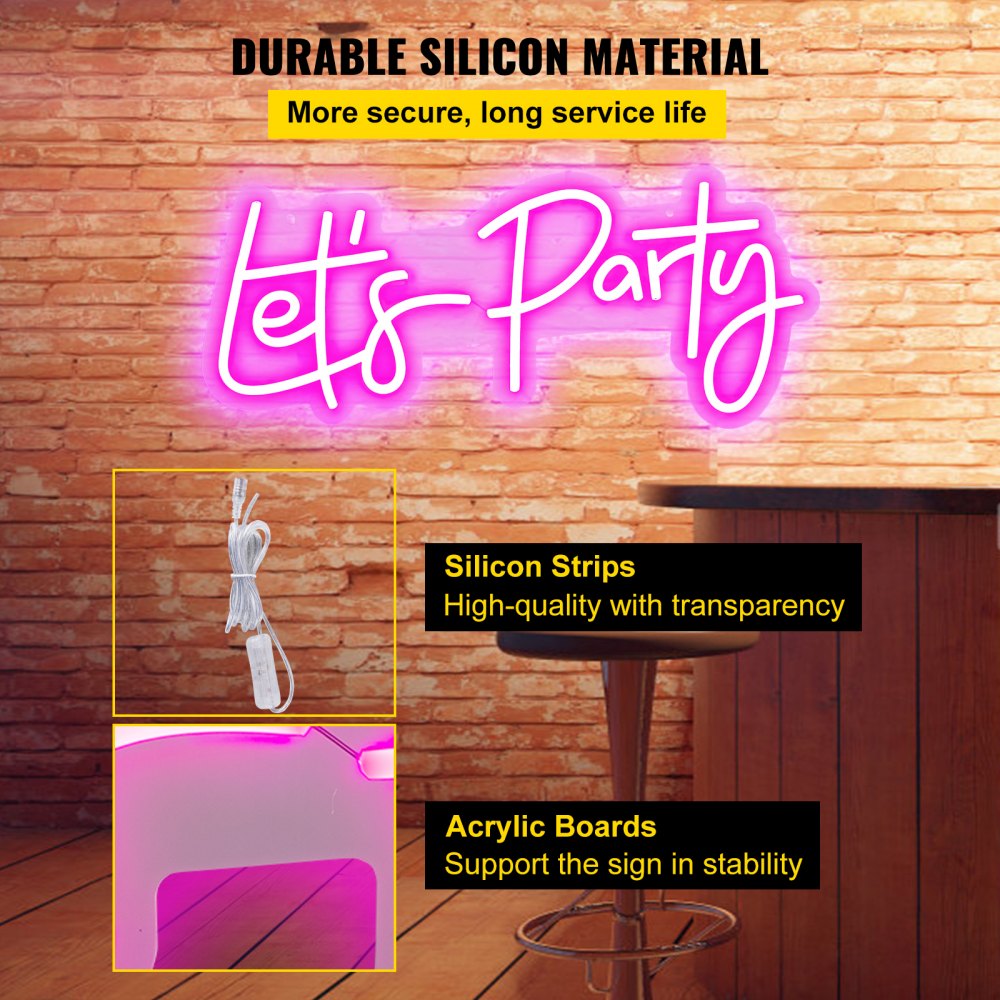 Let`s Party Neon Sign, 23"X10" Neon Sign for Wall Decor, Adjustable Brightness Pink Neon Light Sign with Remote Control and Power Adapter, for Party/Wedding Celebration/Home Decoration