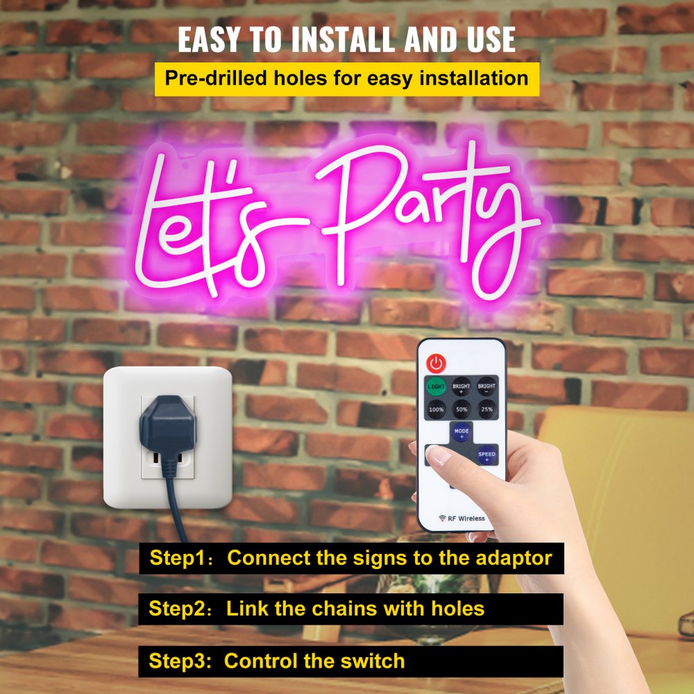 Let`s Party Neon Sign, 23"X10" Neon Sign for Wall Decor, Adjustable Brightness Pink Neon Light Sign with Remote Control and Power Adapter, for Party/Wedding Celebration/Home Decoration