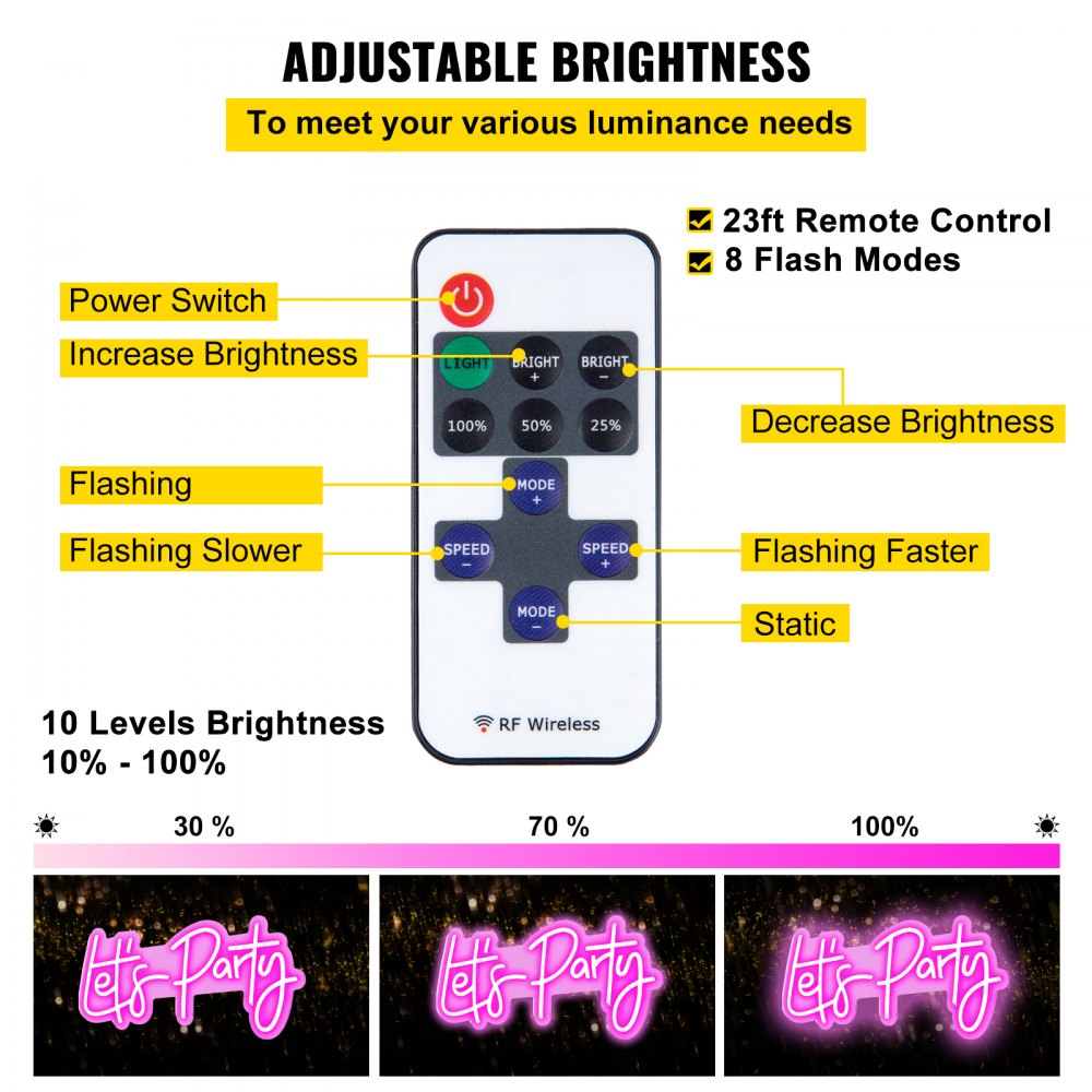 Pink "Let's Party" neon sign, 26"x12", with adjustable brightness and multiple flashing modes.