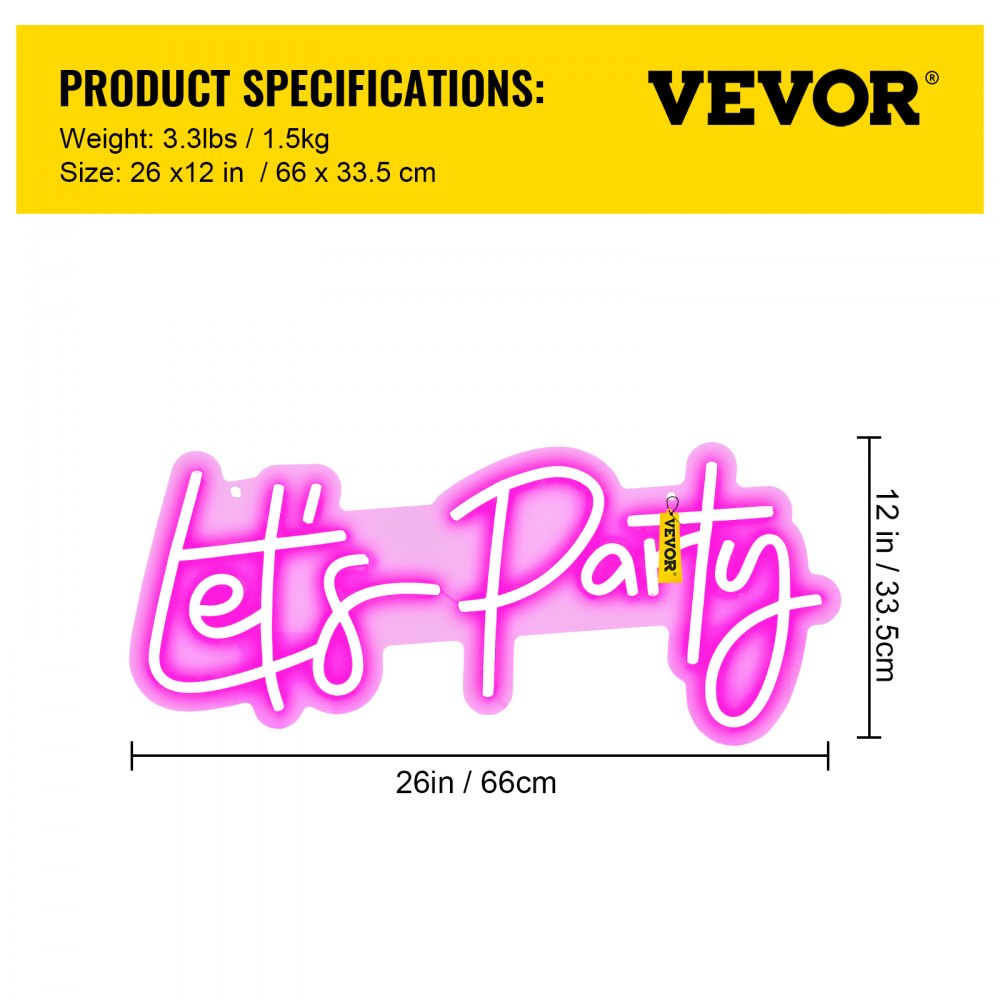 Pink "Let's Party" neon sign in a 26"x12" LED design for wall decor.