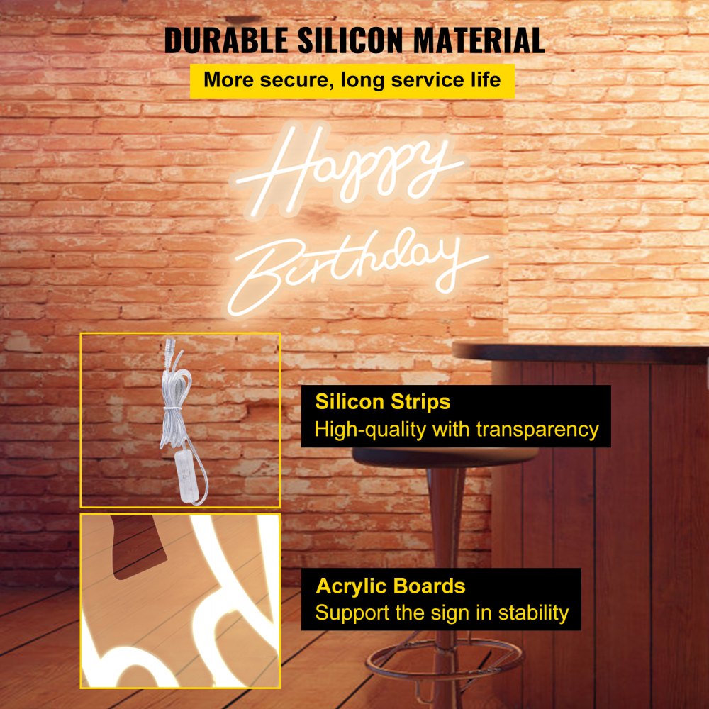 Warm white LED neon sign displaying "Happy Birthday" with remote control for brightness adjustment.