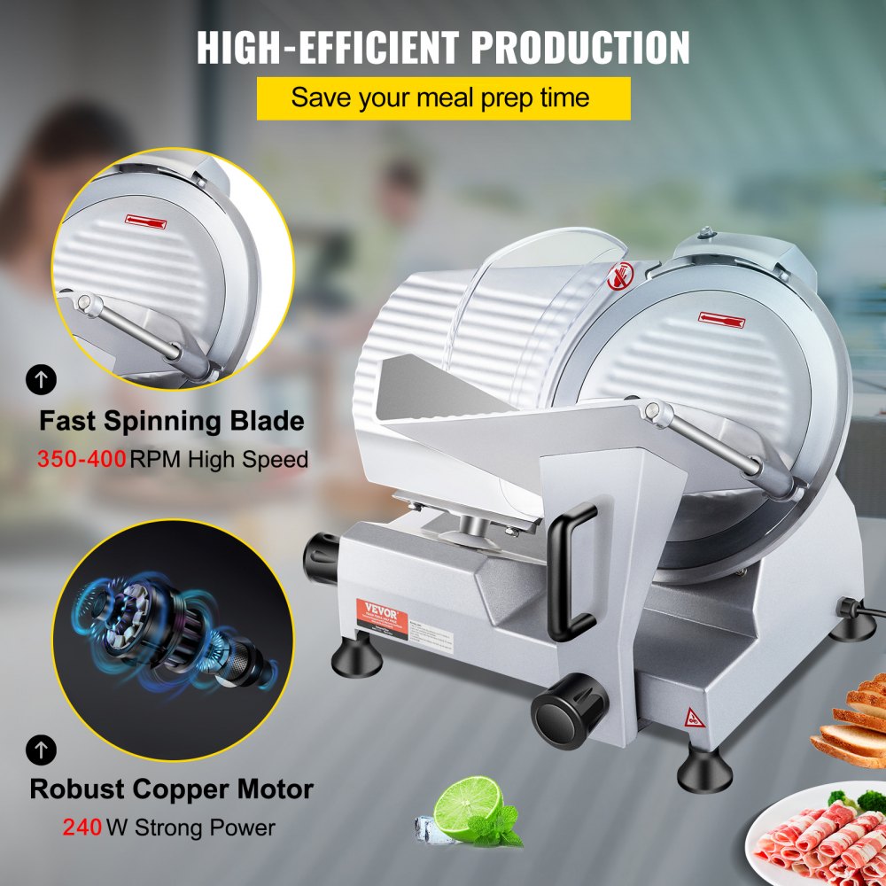240W Commercial Meat Slicer, Electric Deli Food Slicer, 10" Carbon Steel Blade Electric Food Slicer, 350-400RPM Meat Slicer, 0 - 0.47 inch Thickness Adjustable for Commercial and Home Use