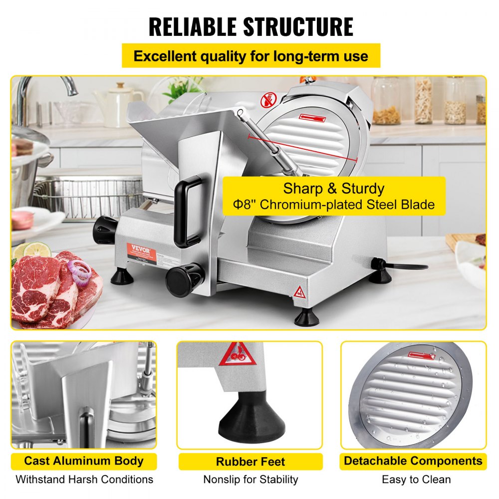 Commercial Meat Slicer, 200W Electric Deli Food Slicer, 350-400RPM Meat Slicer with 8" Carbon Steel Blade, 0 - 0.47 inch Adjustable Thickness Electric Meat Slicer for Home and Commercial Use