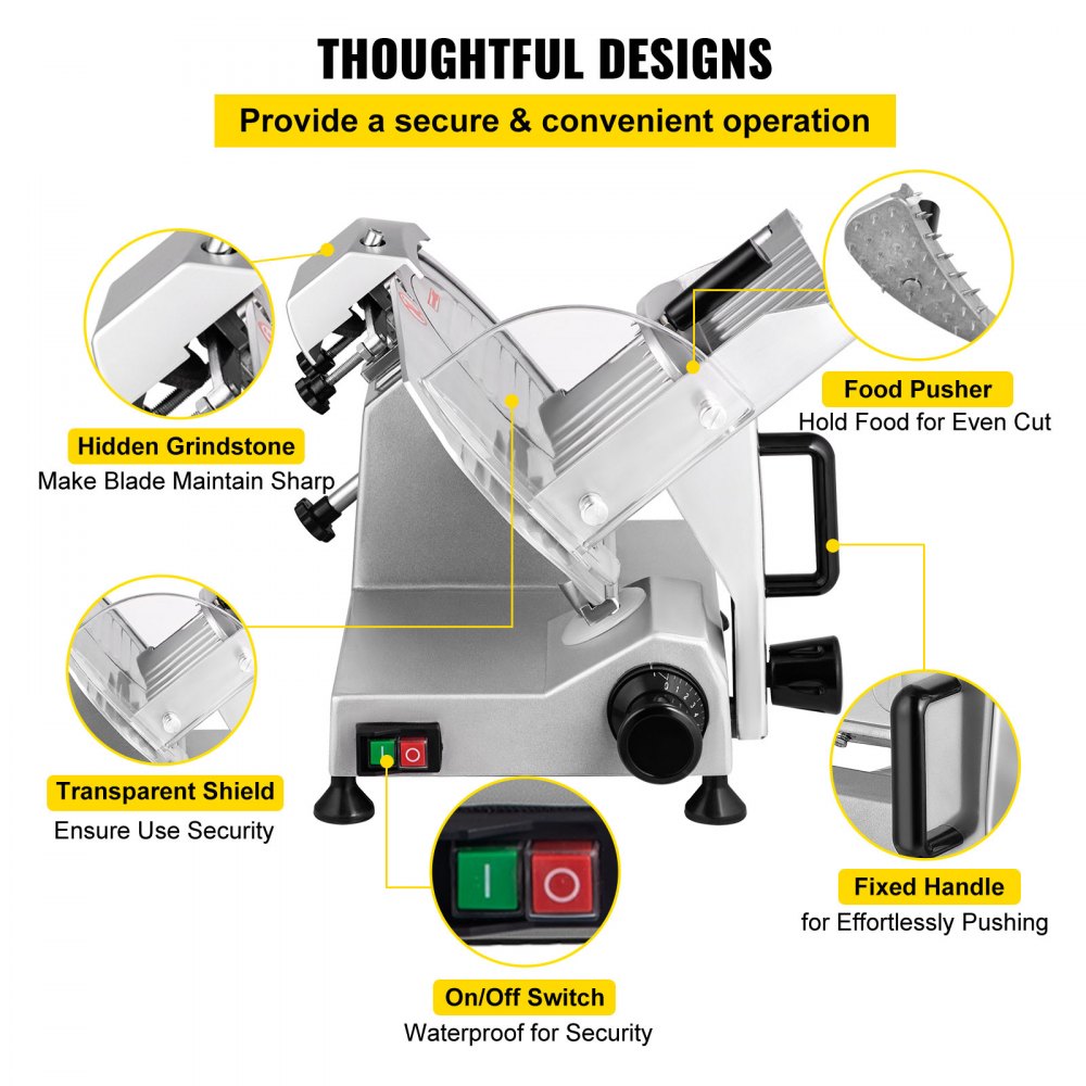 Commercial Meat Slicer, 200W Electric Deli Food Slicer, 350-400RPM Meat Slicer with 8" Carbon Steel Blade, 0 - 0.47 inch Adjustable Thickness Electric Meat Slicer for Home and Commercial Use