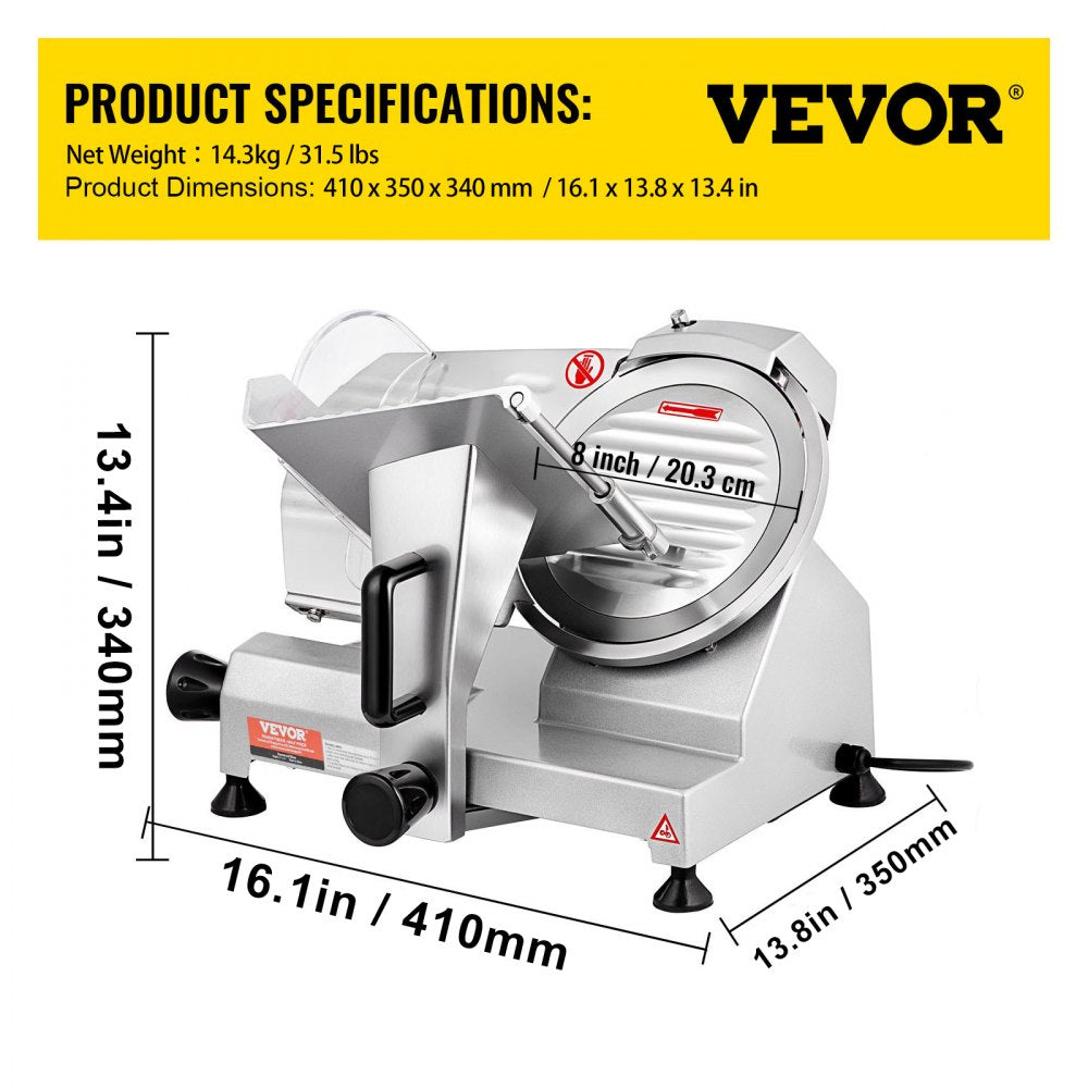 Commercial Meat Slicer, 200W Electric Deli Food Slicer, 350-400RPM Meat Slicer with 8" Carbon Steel Blade, 0 - 0.47 inch Adjustable Thickness Electric Meat Slicer for Home and Commercial Use