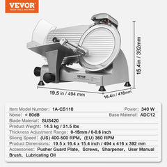 Meat Slicer, 340W Electric Deli Food Slicer with 10" SUS420 Stainless Steel Blade and Built-in Sharpening Stone, 0-0.6 inch Adjustable Thickness for Commercial and Home Use, Cut Meat and Cheese