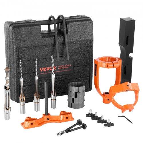 Bostome drill press mortising attachment with four chisels and five bushings in a storage box.
