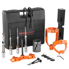 Bostome drill press mortising attachment with four chisels and five bushings in a storage box.