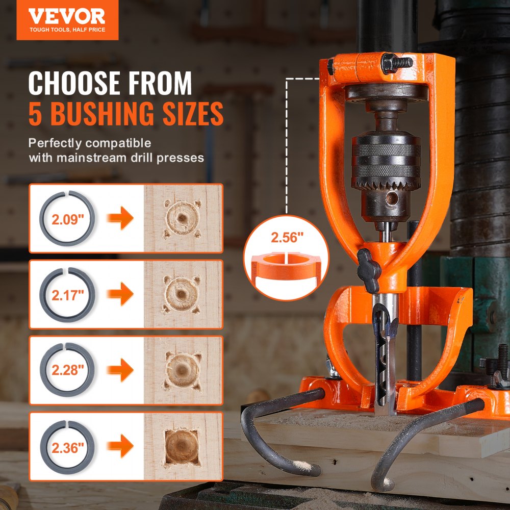 Bostome drill press mortising attachment with four chisels and five bushings in a storage box.