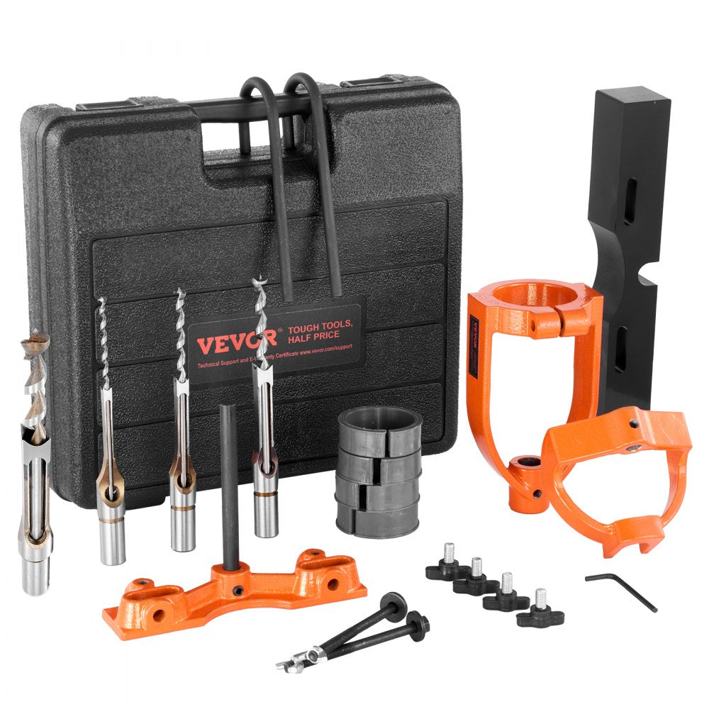 Bostome drill press mortising attachment with four chisels and five bushings in a storage box.