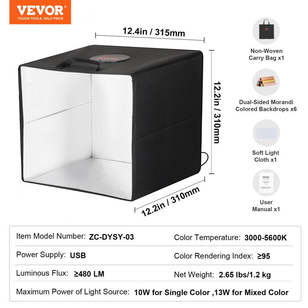 12" x 12" Photo Studio Light Box 3000-5600K 6 Double-Sided Color Backdrops