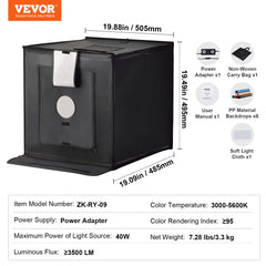 Photo Studio Light Box 20"x20" 3000-5600K Adjustable 3 Color Temperatures