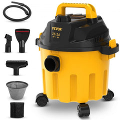 A yellow and black wet dry shop vacuum with various attachments.