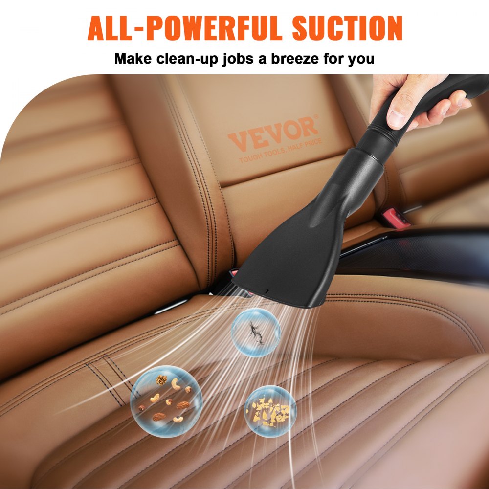 A hand holds a black vacuum attachment cleaning a tan car seat, with debris shown being suctioned.