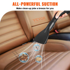 A hand holds a black vacuum attachment cleaning a tan car seat, with debris shown being suctioned.