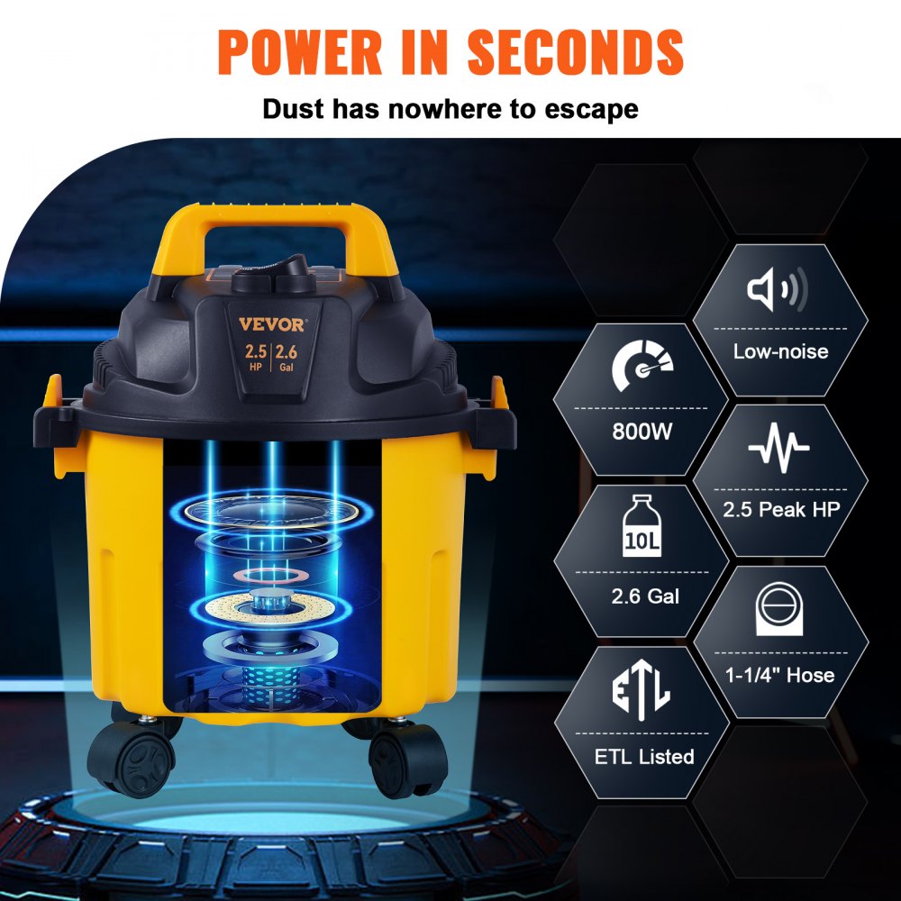 A yellow and black Bostome 2.6 gallon wet dry vacuum with key features listed.