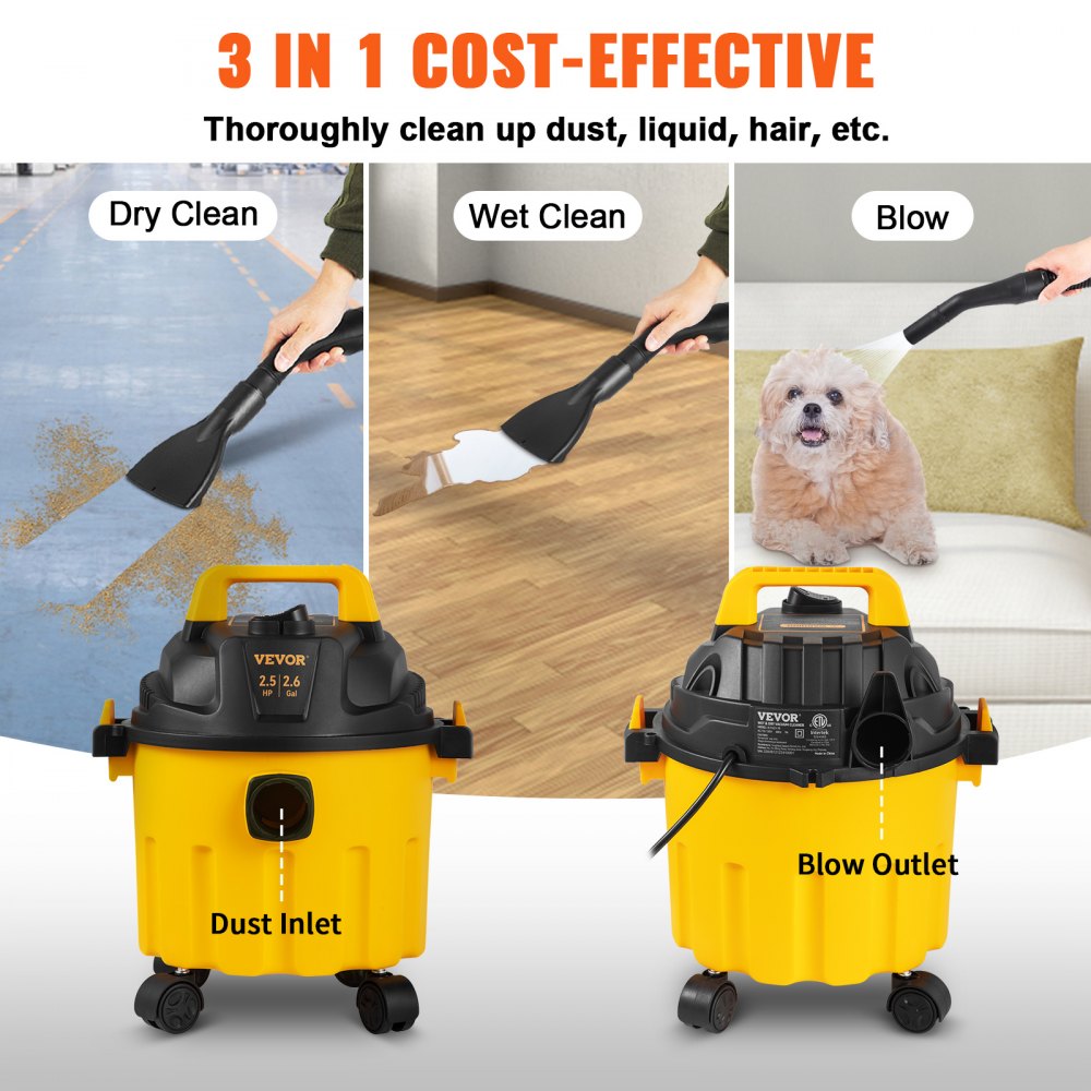 A yellow Bostome 2.6 gallon wet dry vacuum is shown performing dry, wet, and blow functions.