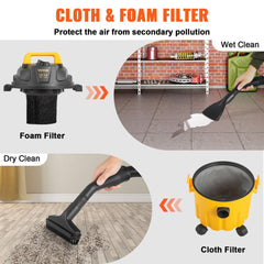 A wet dry vac with a foam filter for wet cleaning and a cloth filter for dry cleaning.