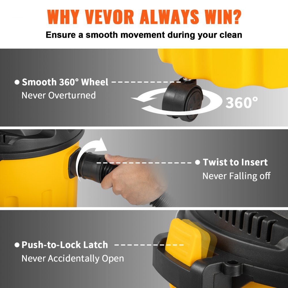 A yellow wet/dry vacuum highlights its 360-degree wheels, twist-to-insert hose, and push-to-lock latch.