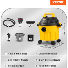 A yellow and black 2.6-gallon wet dry vac with six accessories and dimensions.