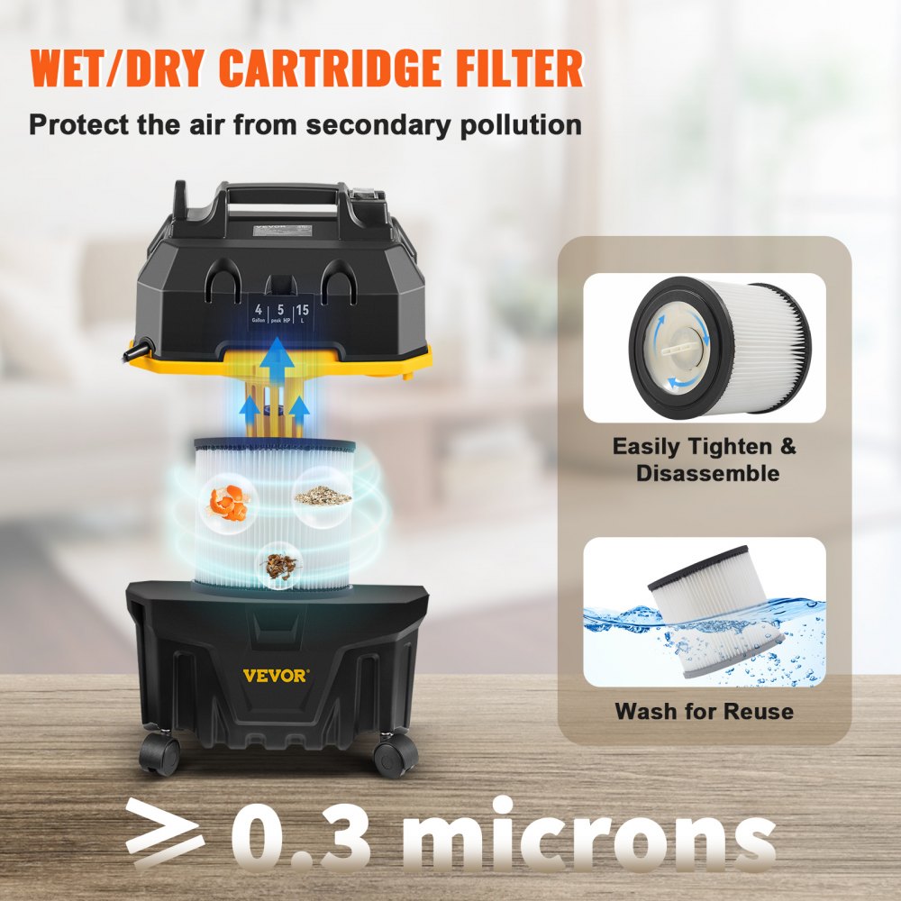 Wet Dry Vac, 4 Gallon, 5 Peak HP, 3 in 1 Shop Vacuum with Blowing Function Portable Attachments to Clean Floor, Upholstery, Gap, Car, ETL Listed, Black