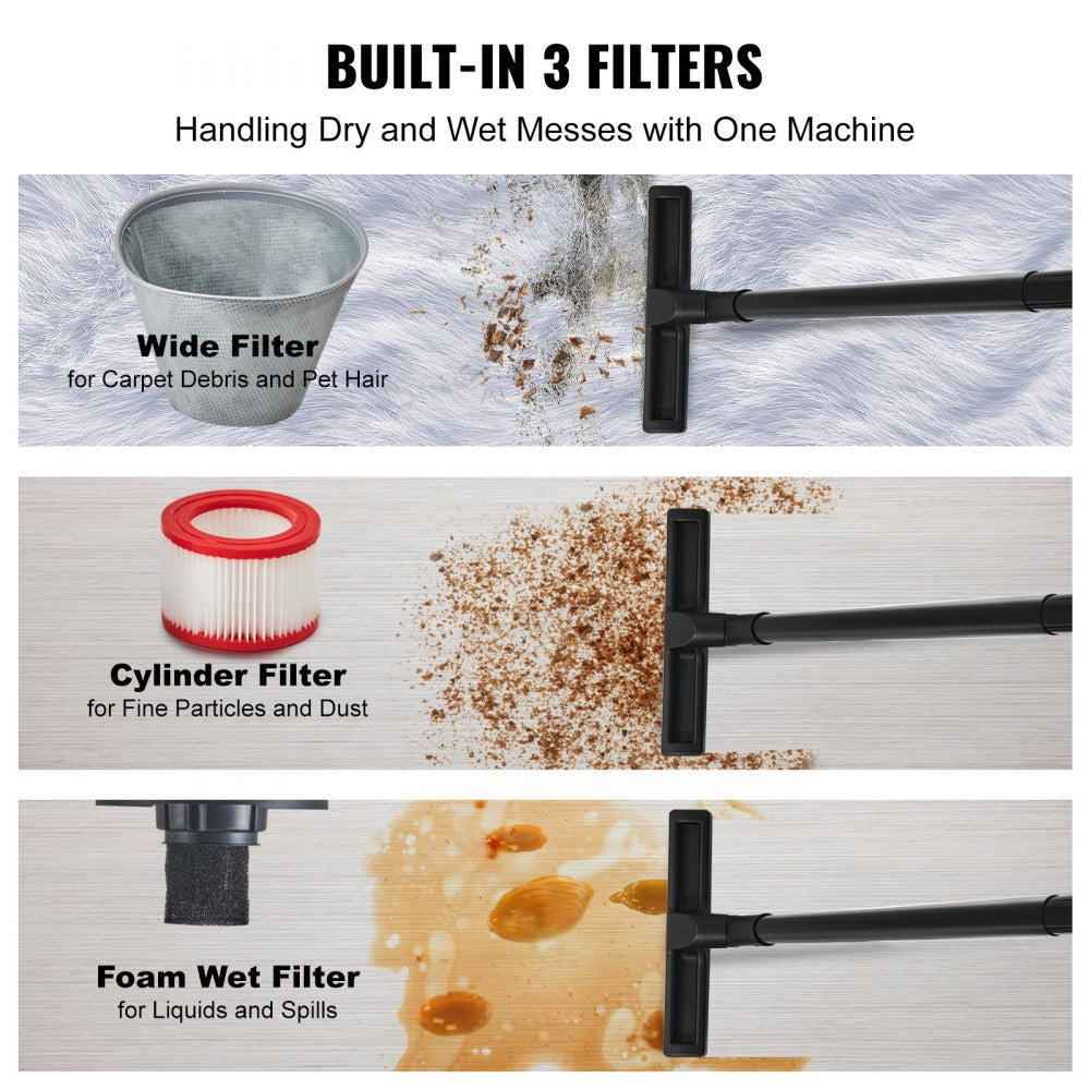 Stainless steel 5.5-gallon wet/dry shop vacuum with 6.5 HP and various cleaning attachments.