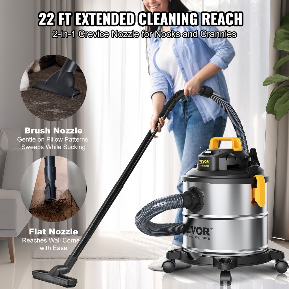 Stainless steel 5.5-gallon wet/dry shop vacuum with 6.5 HP and multiple cleaning attachments.