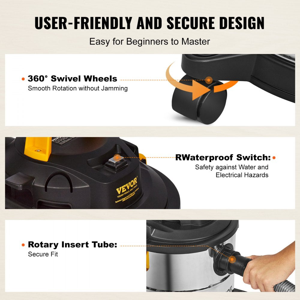 Stainless steel 5.5-gallon wet/dry shop vacuum with a 6.5 HP motor and multiple filters.