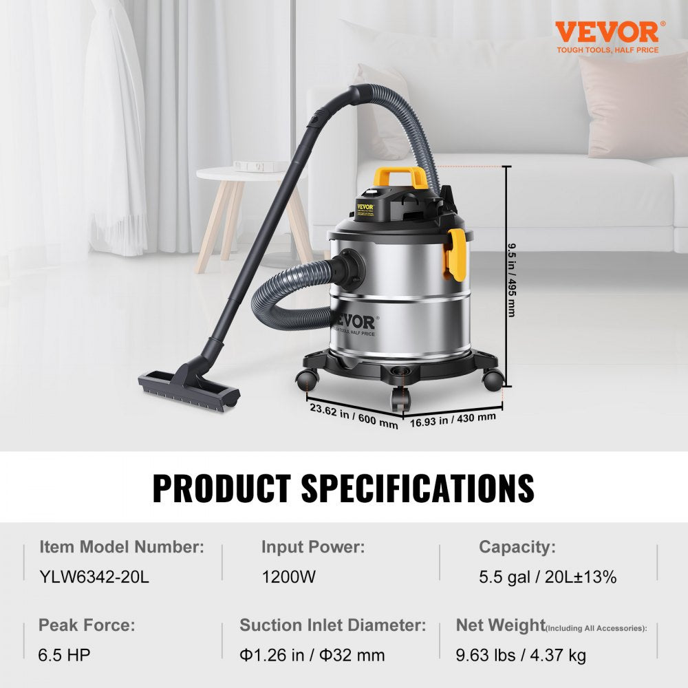 Stainless steel 5.5-gallon wet/dry shop vacuum with 6.5 HP and multiple cleaning attachments.