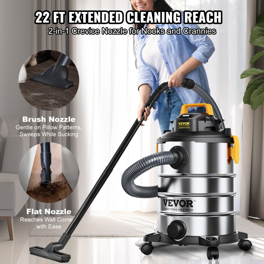 Bostome 8-gallon stainless steel wet dry shop vacuum with 6 peak HP motor and attachments.