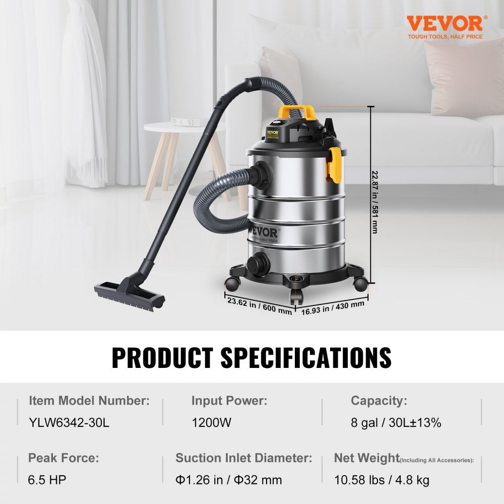 Bostome 8-gallon stainless steel wet/dry shop vacuum with 6 peak HP, shown with hose and accessories.