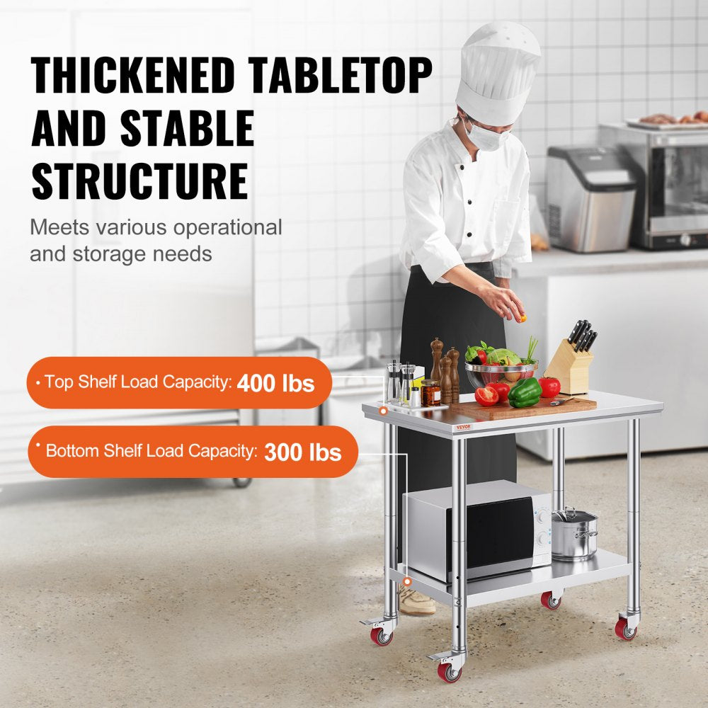 Stainless Steel Work Table 36x24 Inch with 4 Wheels Commercial Food Prep Worktable with Casters Heavy Duty Work Table for Commercial Kitchen Restaurant