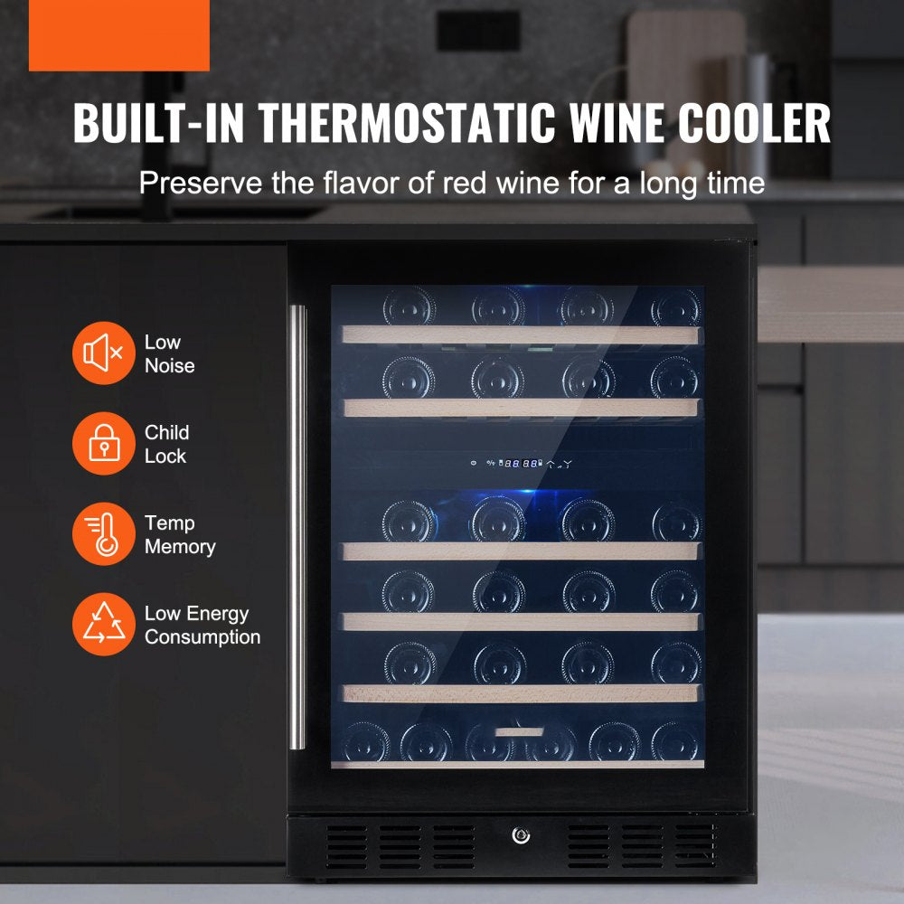 Wine Cooler, 46 Bottles Under Counter Built-in or Freestanding Wine Refrigerator, Dual Zone Beverage Cooler with Blue LED Light, Single Door, Child Lock for Beer Soda Wine Water, ETL Listed