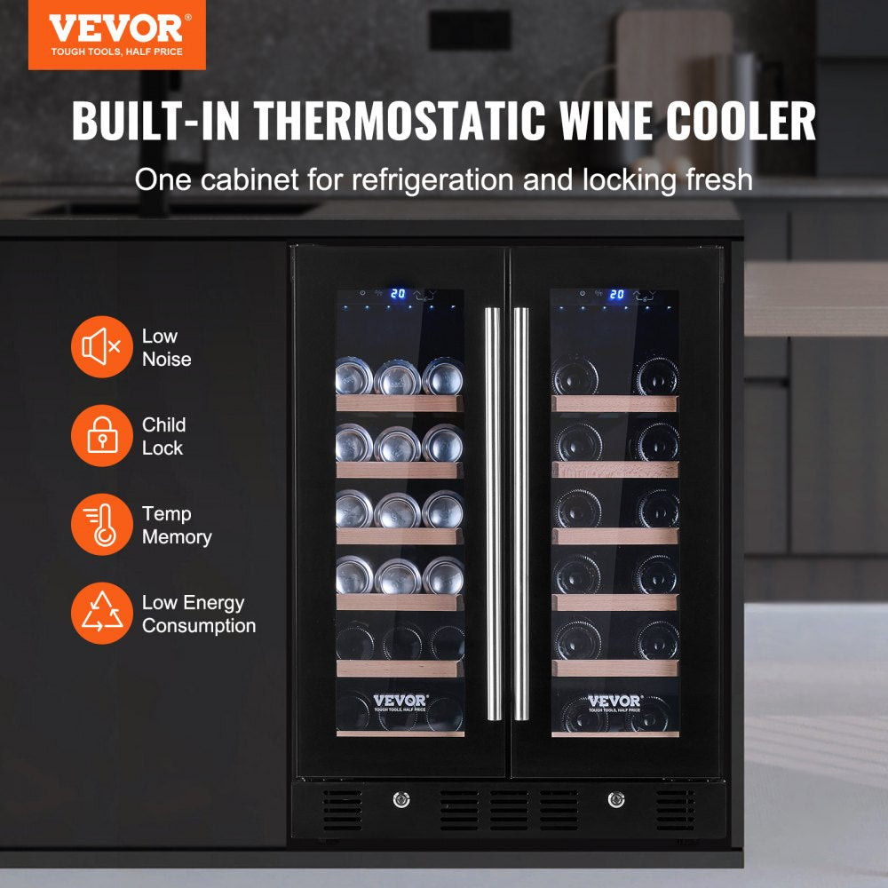 24" Wine and Beverage Refrigerator, 78 Cans and 20 Bottles Dual Zone Tempered Glass Door, Digital Temper Control, Blue LED Light, Child Lock, Built-in or Freestanding, ETL