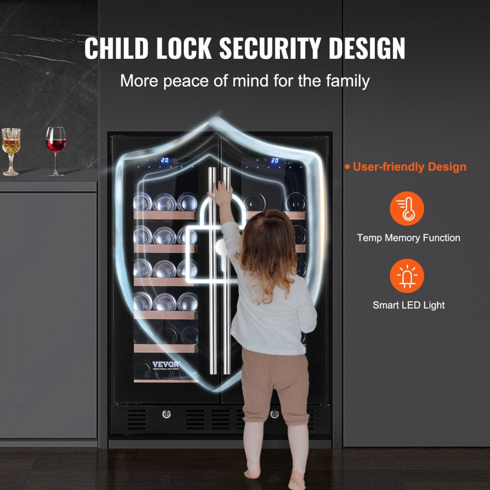 24" Wine and Beverage Refrigerator, 78 Cans and 20 Bottles Dual Zone Tempered Glass Door, Digital Temper Control, Blue LED Light, Child Lock, Built-in or Freestanding, ETL
