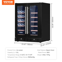24" Wine and Beverage Refrigerator, 78 Cans and 20 Bottles Dual Zone Tempered Glass Door, Digital Temper Control, Blue LED Light, Child Lock, Built-in or Freestanding, ETL