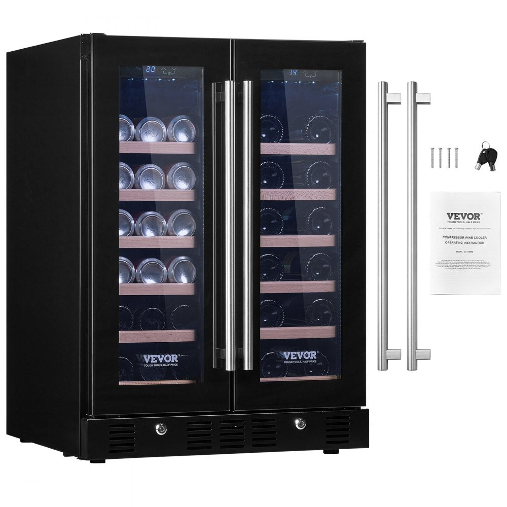 24" Wine and Beverage Refrigerator, 78 Cans and 20 Bottles Dual Zone Tempered Glass Door, Digital Temper Control, Blue LED Light, Child Lock, Built-in or Freestanding, ETL