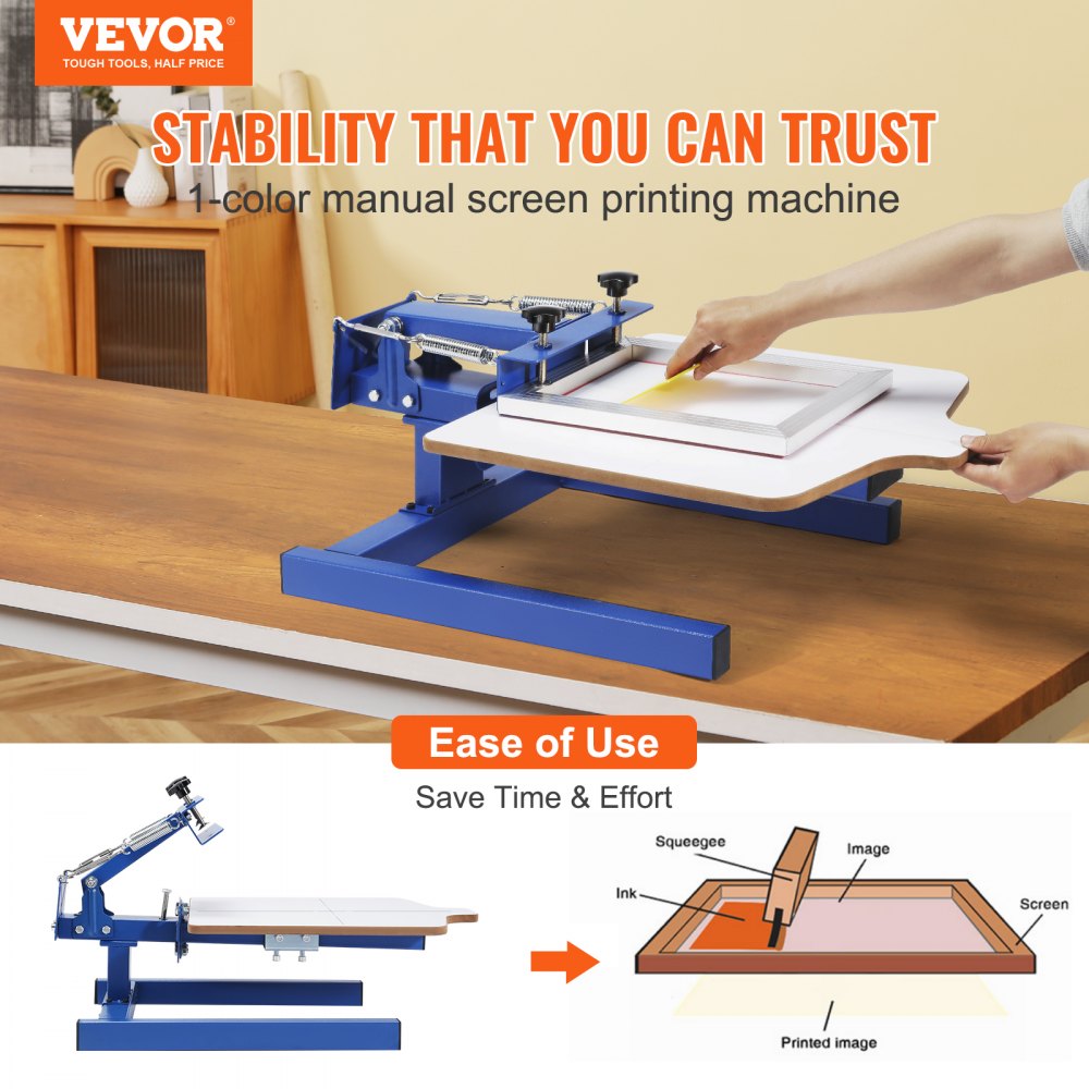 Blue silk screen printing press with adjustable tension and wooden pallet on a table.