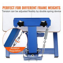 Blue steel silk screen printing press with adjustable tension springs and rotation regulation knob.